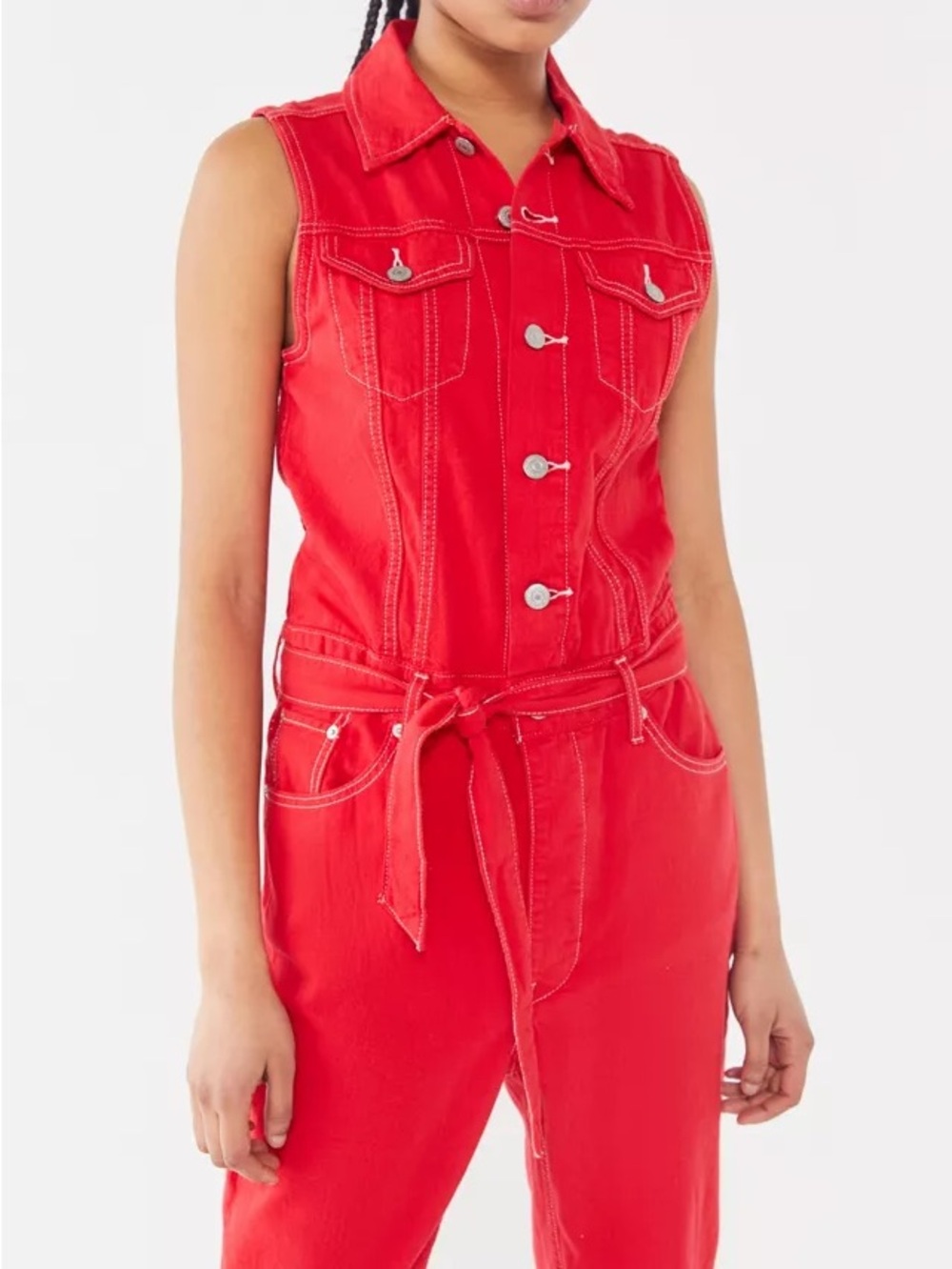 Womens Levi's Denim Ticket Button Front Red Sleeveless Overall Jumpsuit Size:XS